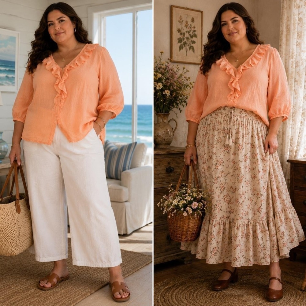 Lucy & Laurel 100% Linen Ruffle Top 3X Peach Button Cottagecore Coastal Romantic